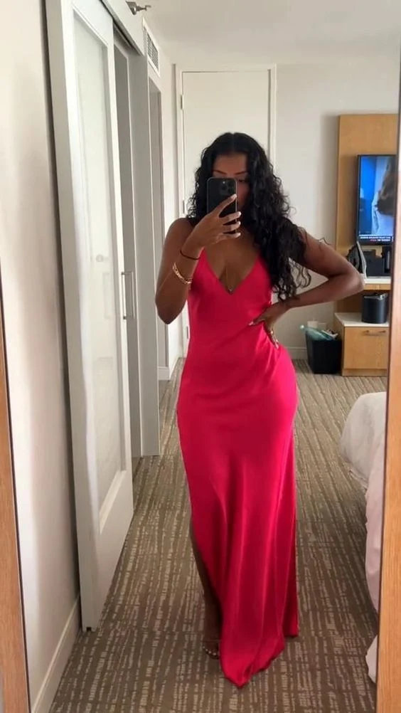 Robe de soirée de bal en satin, sans manches, col en V et soutien-gorge intégré