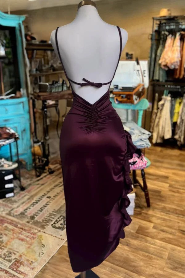 Robe de soirée longue moulante en satin dos nu sans bretelles à volants avec soutien-gorge intégré