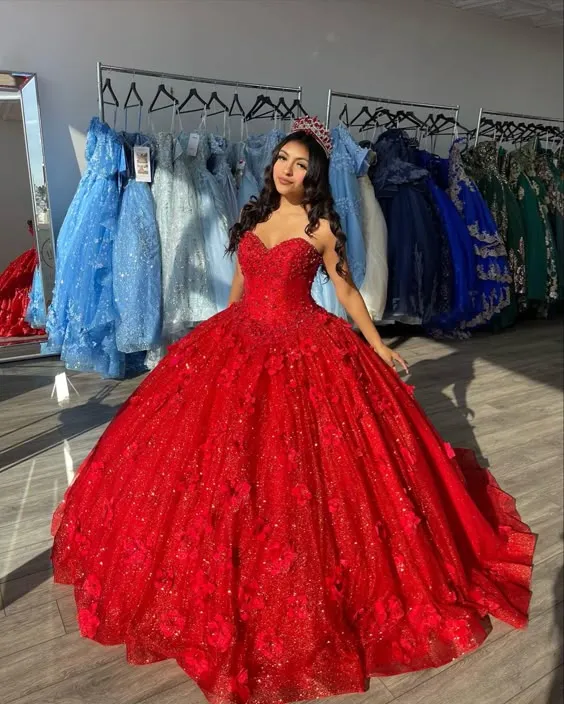 Robe de bal rouge à fleurs 3D et tulle à sequins pour quinceañera