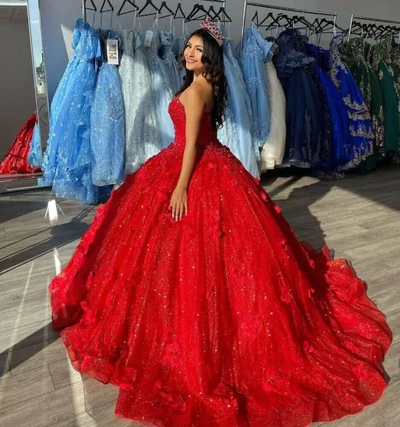 Robe de bal rouge à fleurs 3D et tulle à sequins pour quinceañera