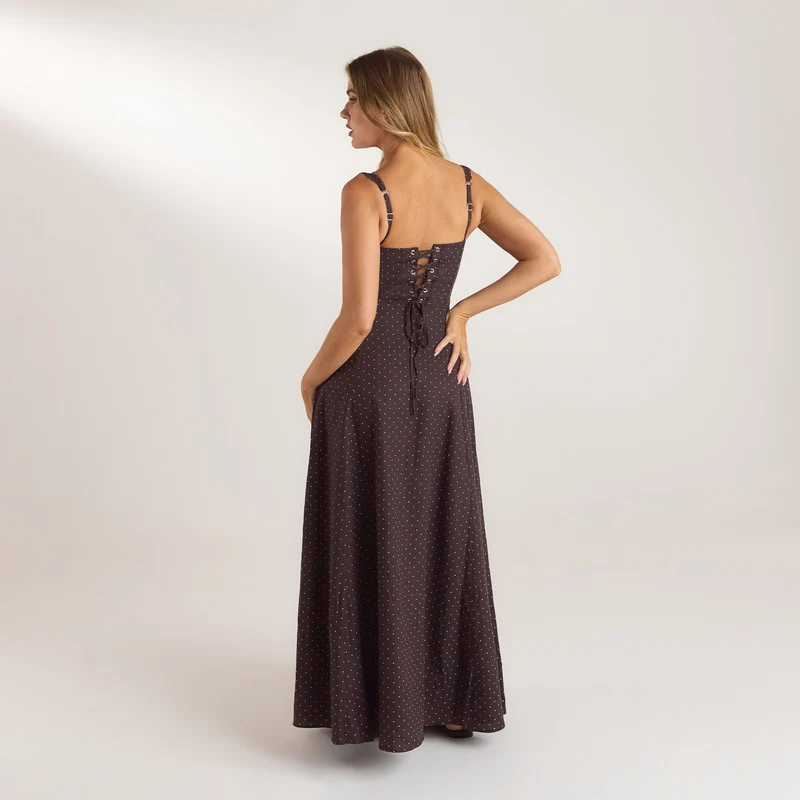 Robe Maxi avec Bordure en Dentelle - Chocolat à Pois