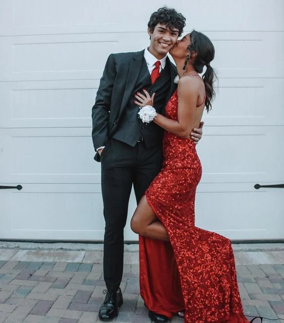 Robe de soirée longue rouge à paillettes, sans manches, fermeture éclair
