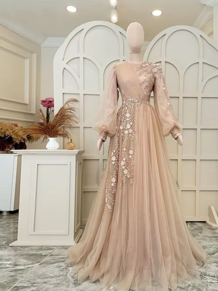 Robe de soirée en tulle champagne - Robe spéciale pour invitée à un mariage musulman