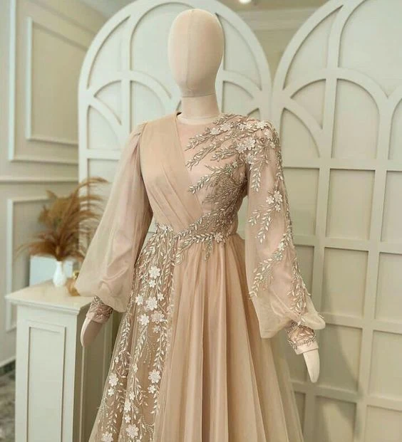 Robe de soirée en tulle champagne - Robe spéciale pour invitée à un mariage musulman