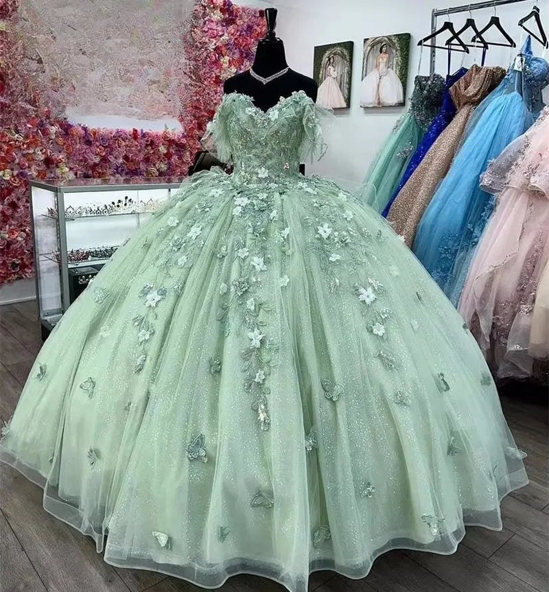 Robe de bal de quinceañera en tulle vert, épaules dénudées, ornée d'appliqués, pour les 16 ans