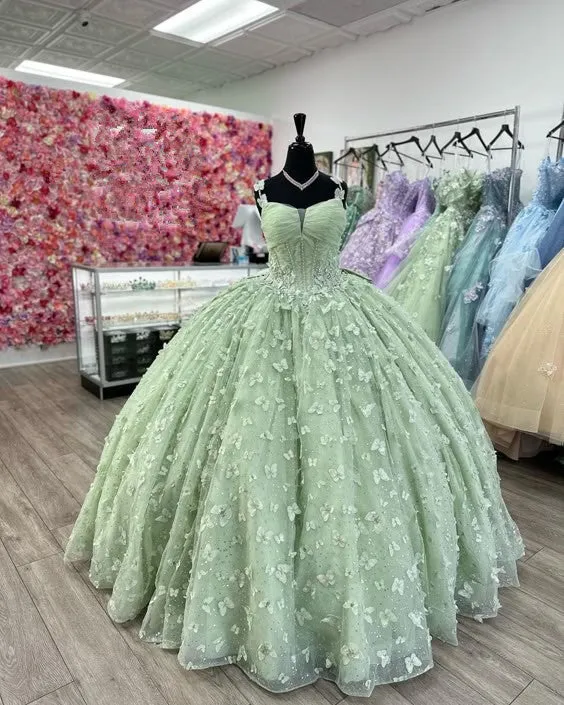 Robe de bal de quinceañera vert sauge, motif papillon 3D, corset en cristal