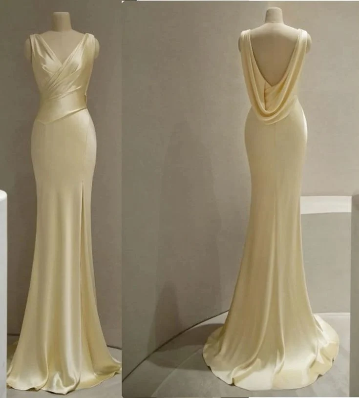 Robe de bal sirène dos nu en satin jaune pastel, longueur au sol