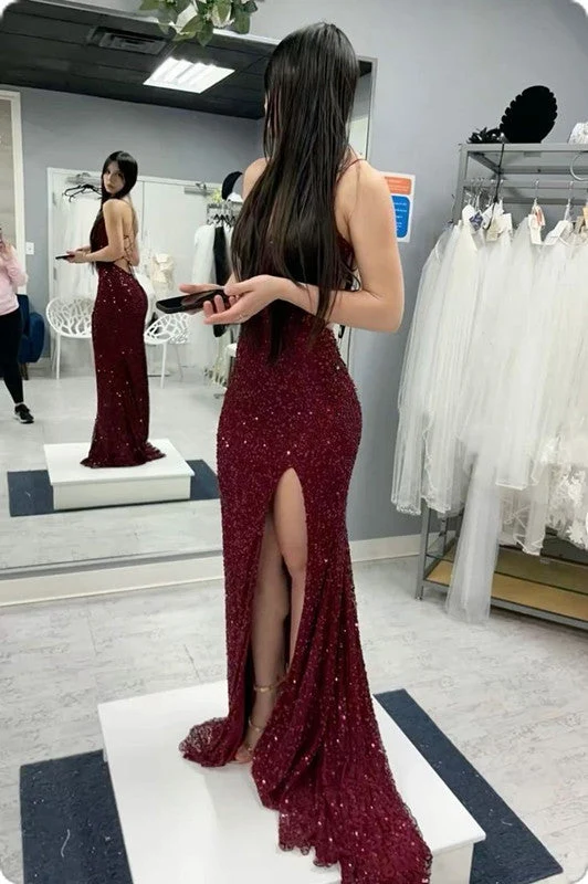 Robe de soirée sirène à sequins, longue jusqu'au sol, dos lacé