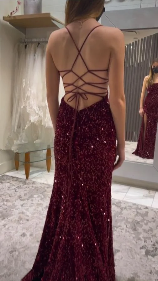 Robe de soirée sirène à sequins, longue jusqu'au sol, dos lacé