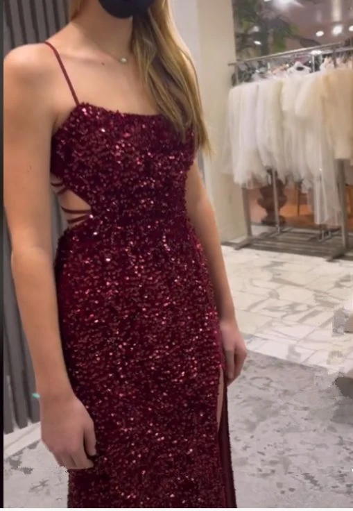 Robe de soirée sirène à sequins, longue jusqu'au sol, dos lacé