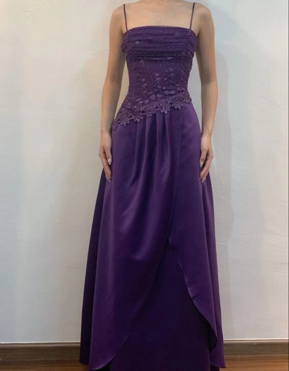 Robe de soirée longue en satin, coupe trapèze, sans manches, violette, élégance