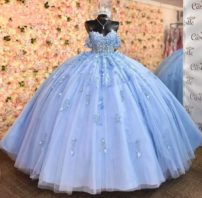 Robe de bal Quinceanera bleu ciel scintillante avec appliques, perles et paillettes