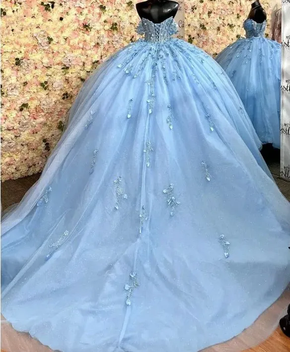 Robe de bal Quinceanera bleu ciel scintillante avec appliques, perles et paillettes