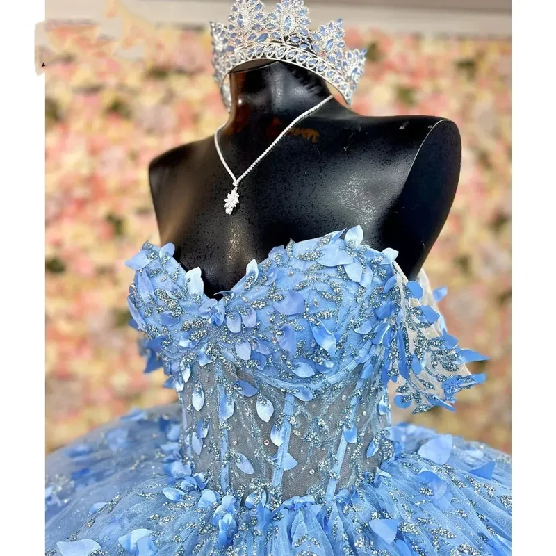 Robe de bal Quinceanera bleu ciel scintillante avec appliques, perles et paillettes