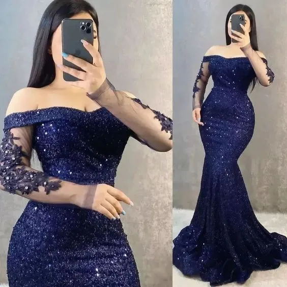 Robe de soirée sirène à paillettes, manches longues, ajustée, fermeture éclair dans le dos