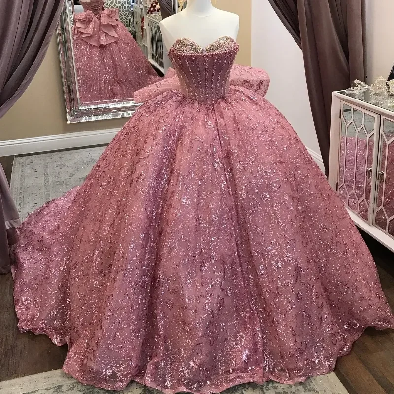 Robe de bal en tulle à paillettes roses, corset à épaules dénudées, robe de Quinceanera