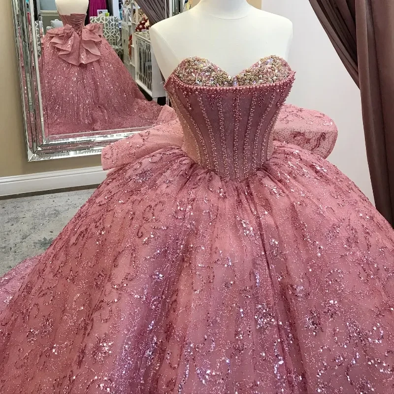 Robe de bal en tulle à paillettes roses, corset à épaules dénudées, robe de Quinceanera