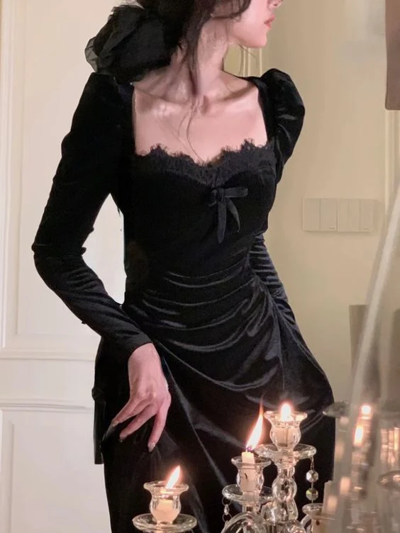 Robe mi-longue vintage en velours noir à manches longues avec fermeture éclair