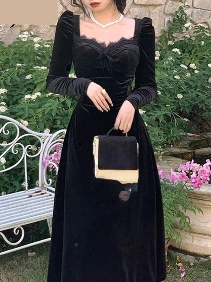 Robe mi-longue vintage en velours noir à manches longues avec fermeture éclair