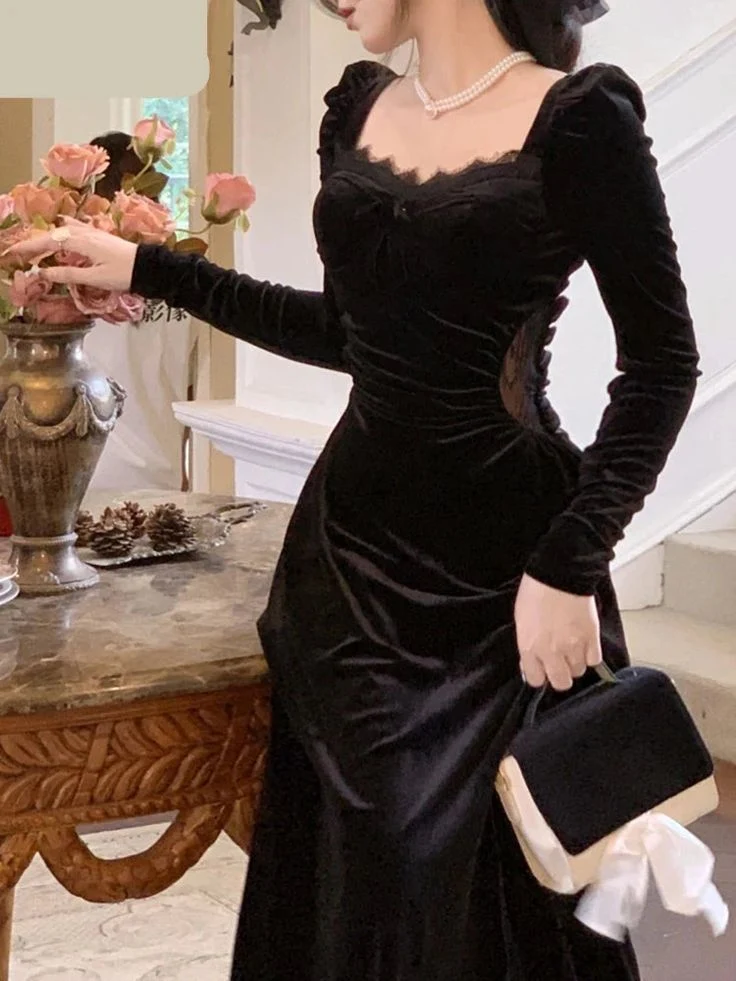Robe mi-longue vintage en velours noir à manches longues avec fermeture éclair
