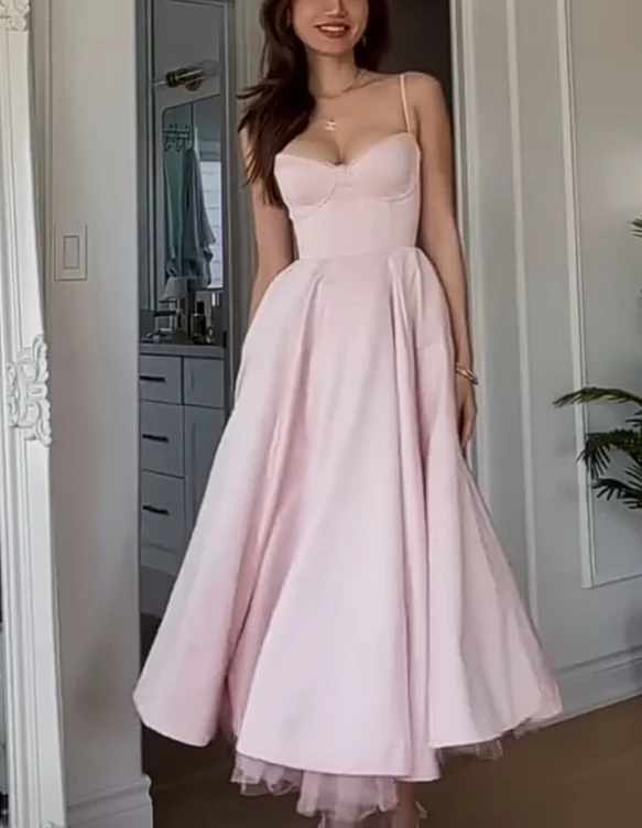 Robe de soirée mi-longue sans manches en satin avec soutien-gorge intégré rose