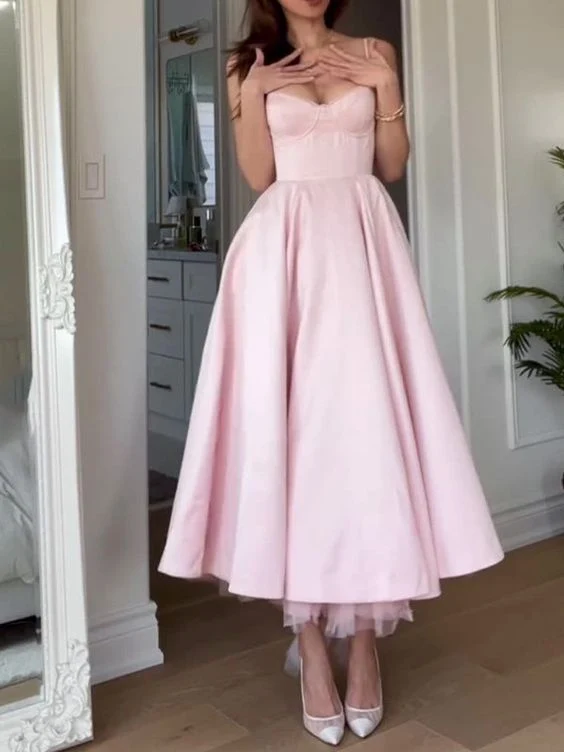 Robe de soirée mi-longue sans manches en satin avec soutien-gorge intégré rose