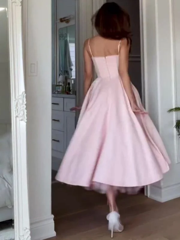 Robe de soirée mi-longue sans manches en satin avec soutien-gorge intégré rose