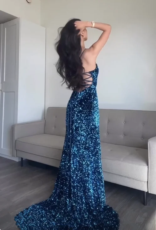 Robe de soirée sirène à paillettes bleues, longue, avec lacets dans le dos