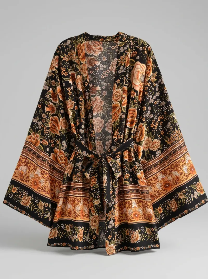 Kimono court coton imprimé floral femme romantique
