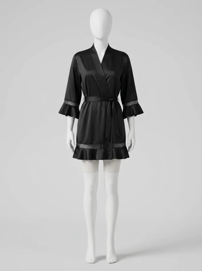 Kimono court polyester végétal satiné nuit femme raffiné