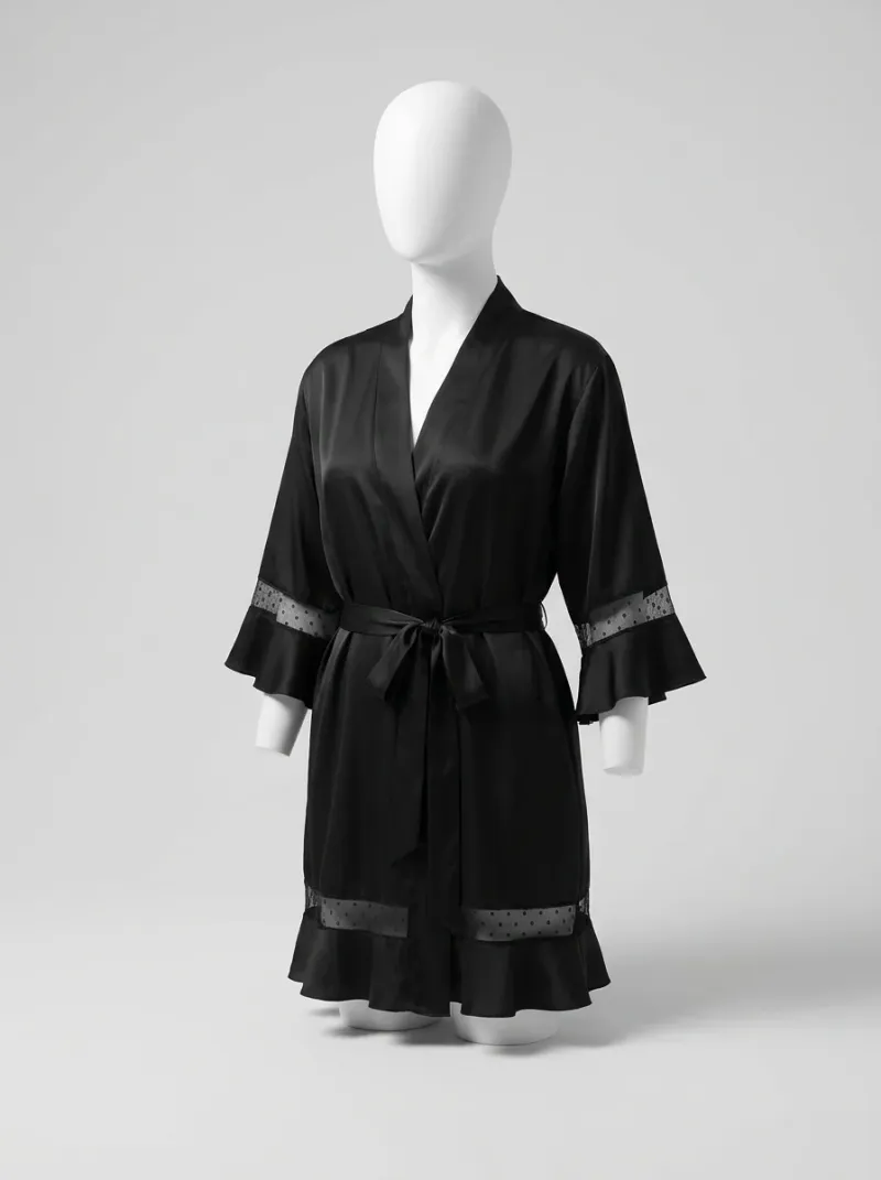 Kimono court polyester végétal satiné nuit femme raffiné