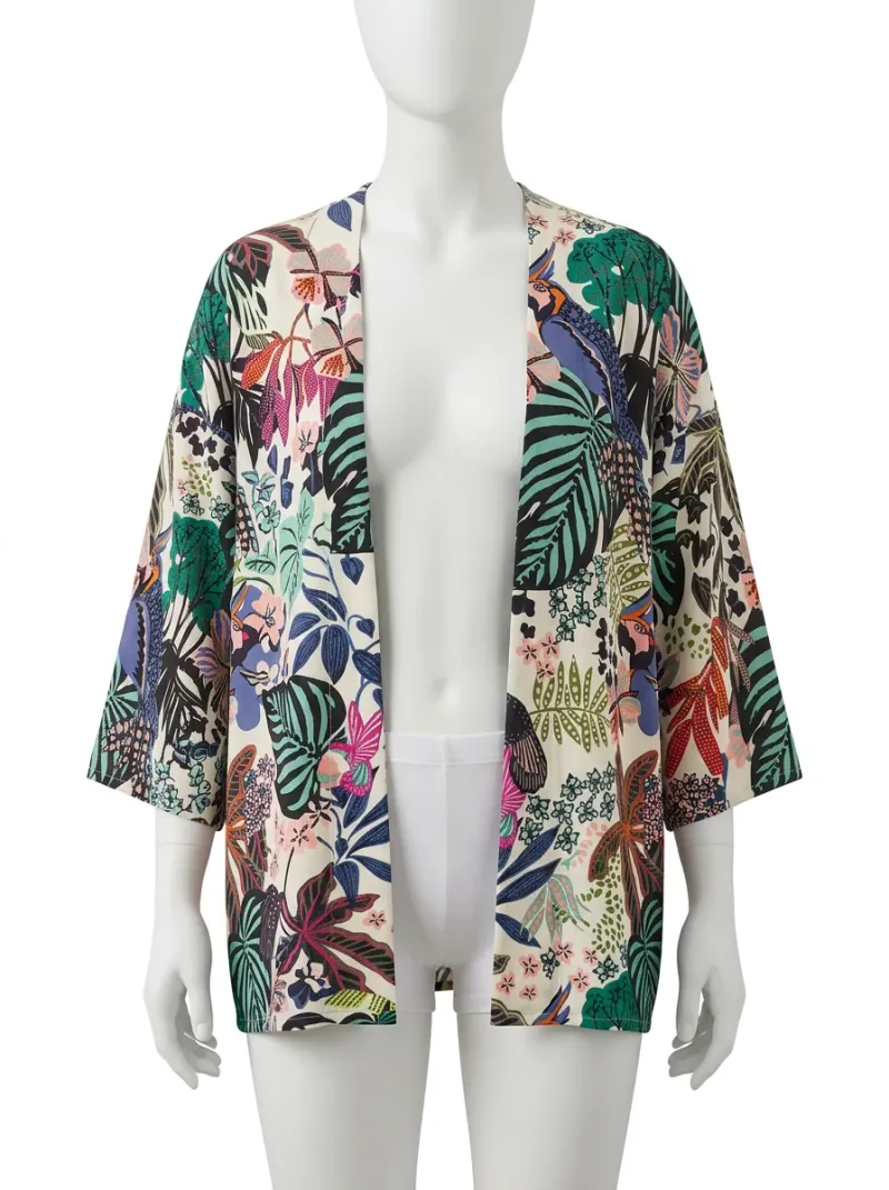 Kimono court polyester imprimé tropical femme fluide