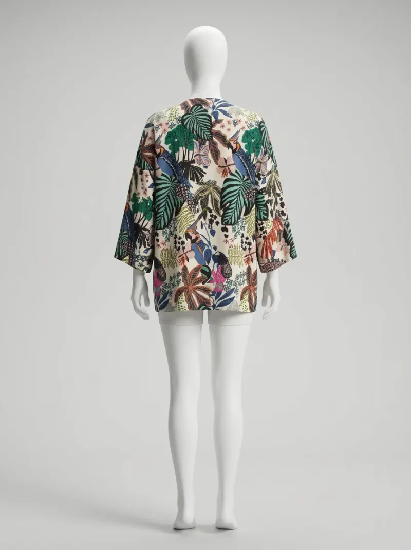 Kimono court polyester imprimé tropical femme fluide