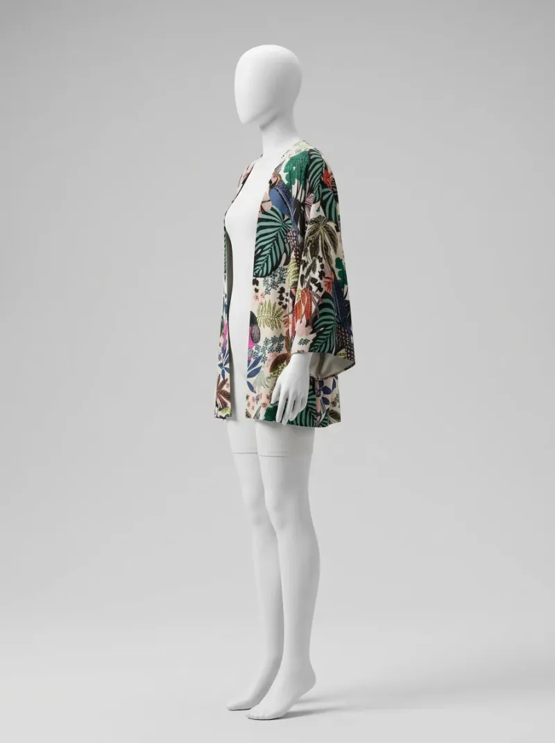 Kimono court polyester imprimé tropical femme fluide
