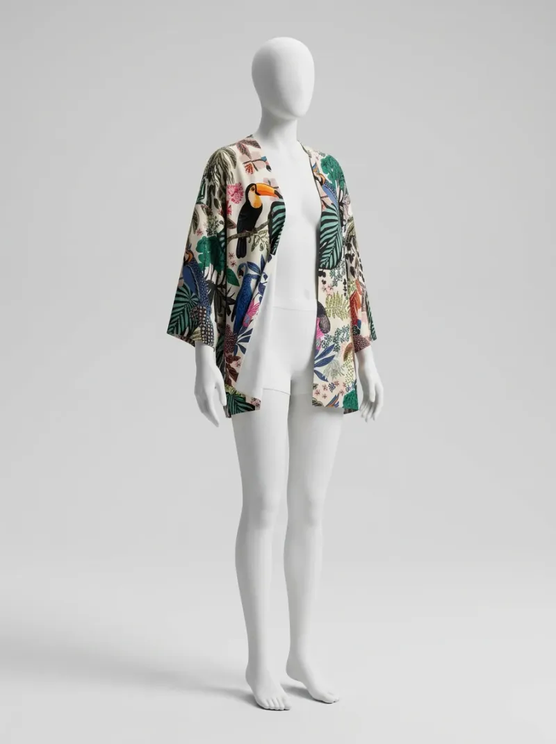 Kimono court polyester imprimé tropical femme fluide