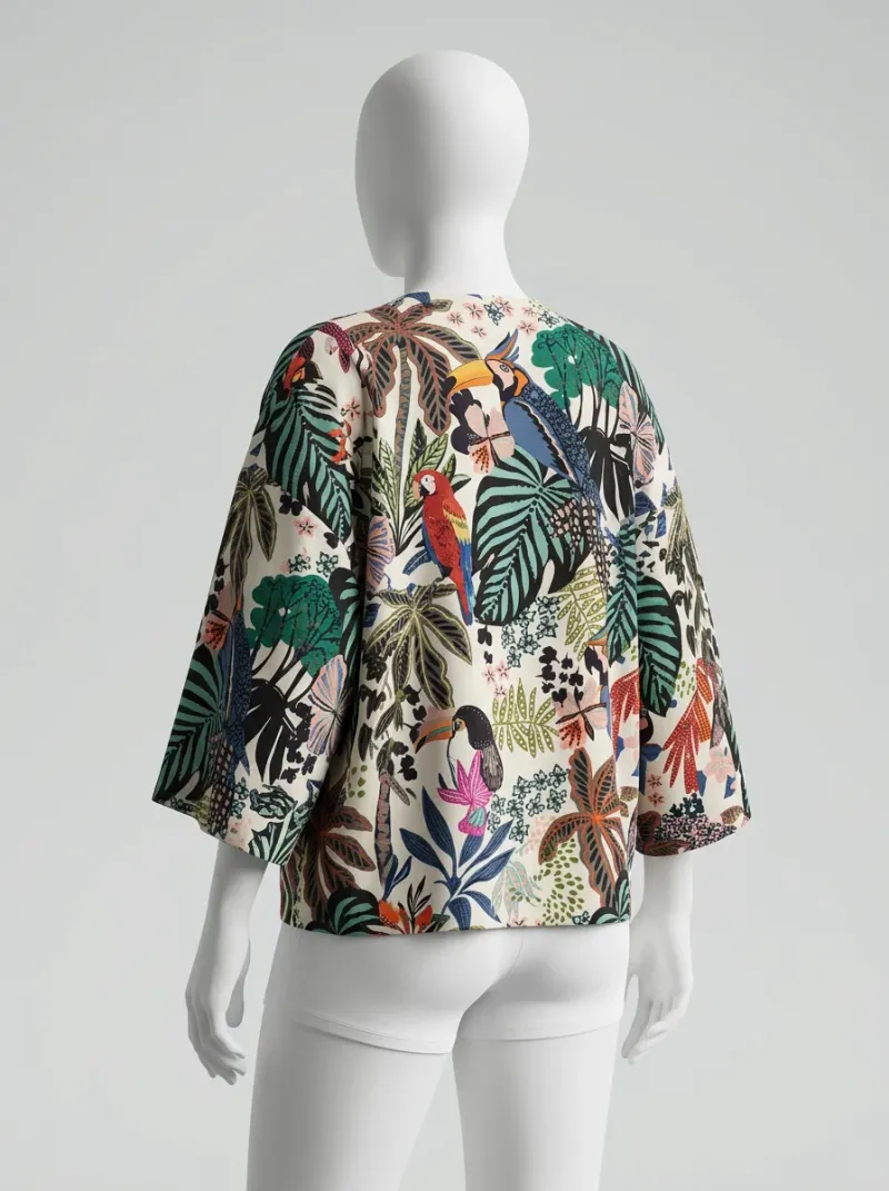Kimono court polyester imprimé tropical femme fluide