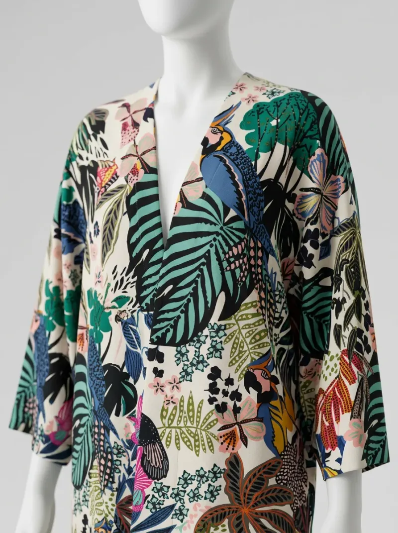 Kimono court polyester imprimé tropical femme fluide