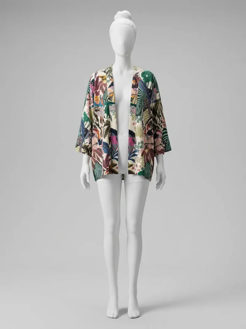 Kimono court polyester imprimé tropical femme fluide