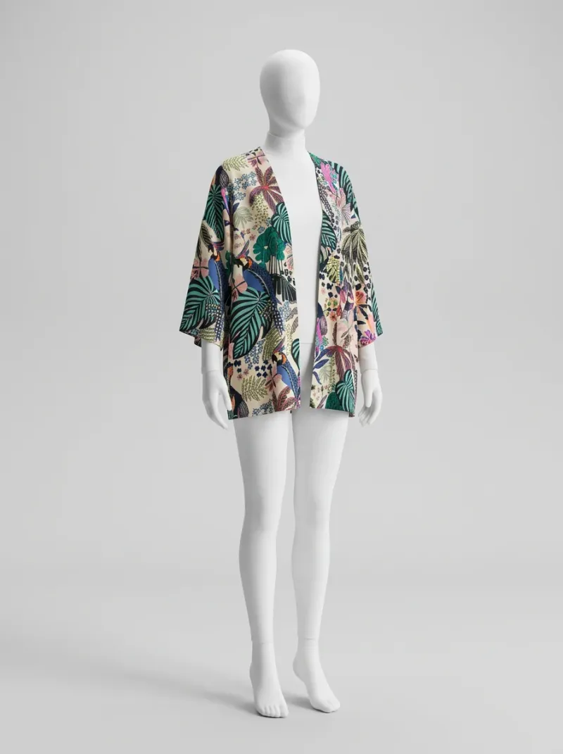 Kimono court polyester imprimé tropical femme fluide