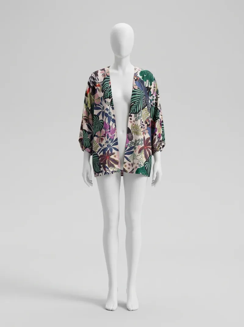 Kimono court polyester imprimé tropical femme fluide