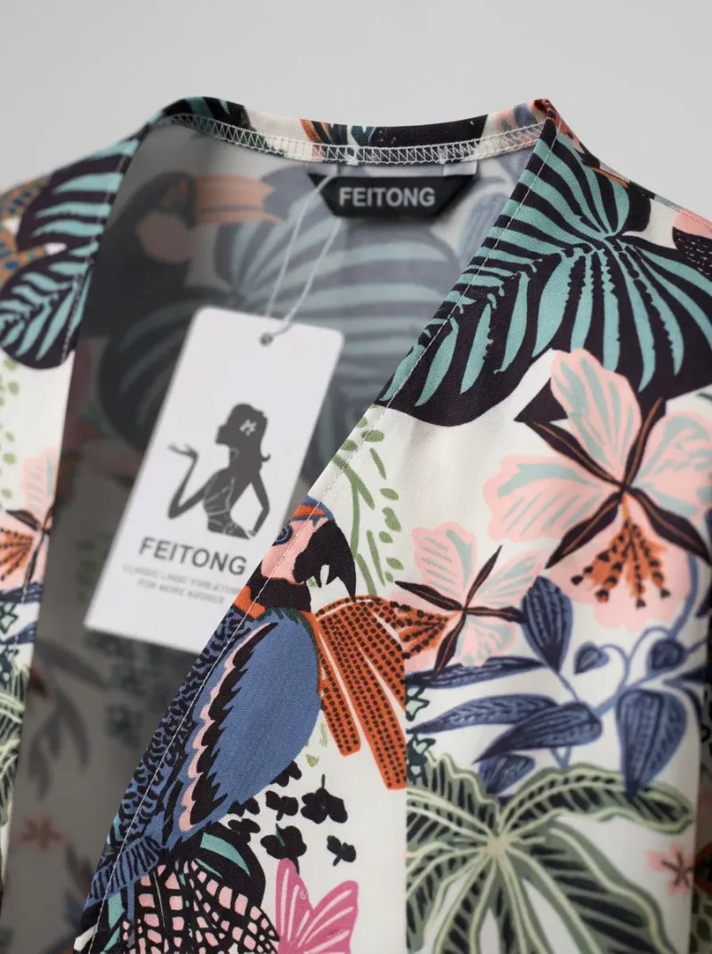 Kimono court polyester imprimé tropical femme fluide