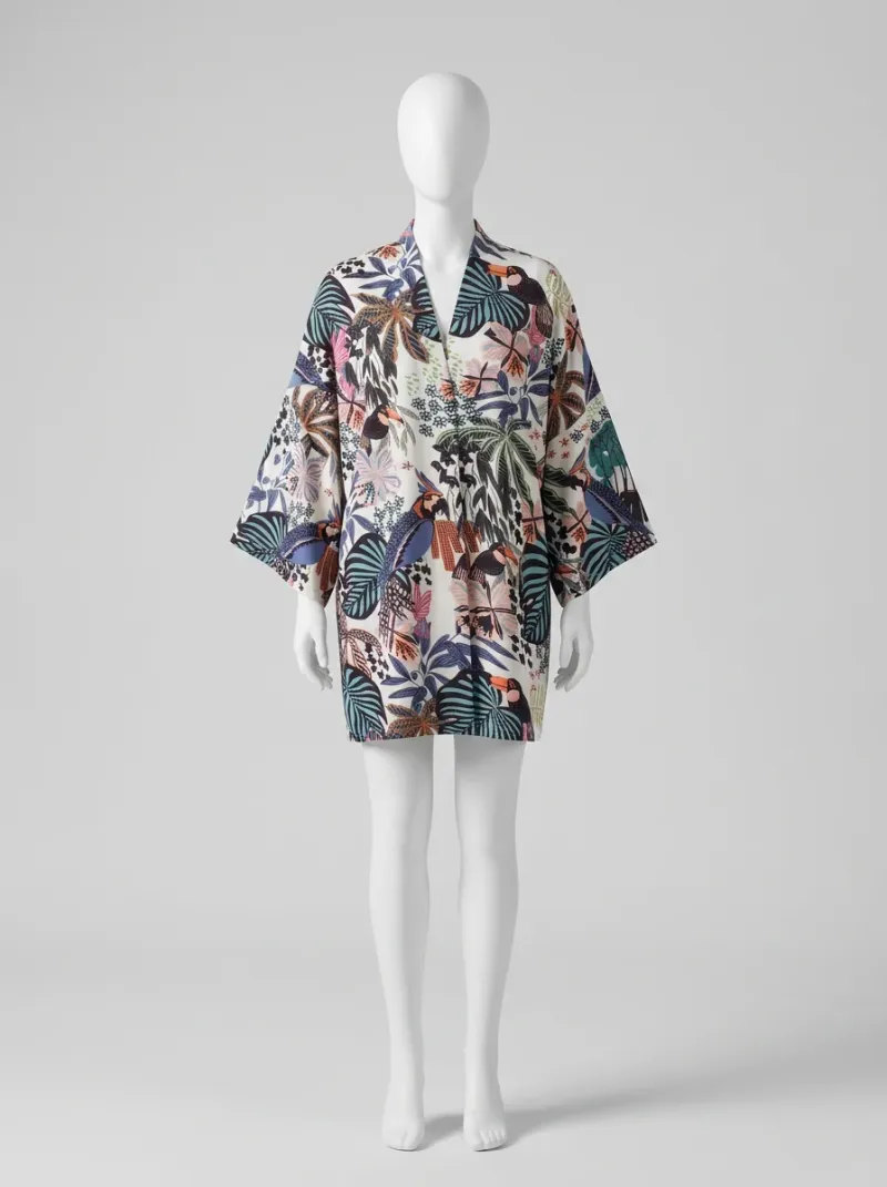 Kimono court polyester imprimé tropical femme fluide