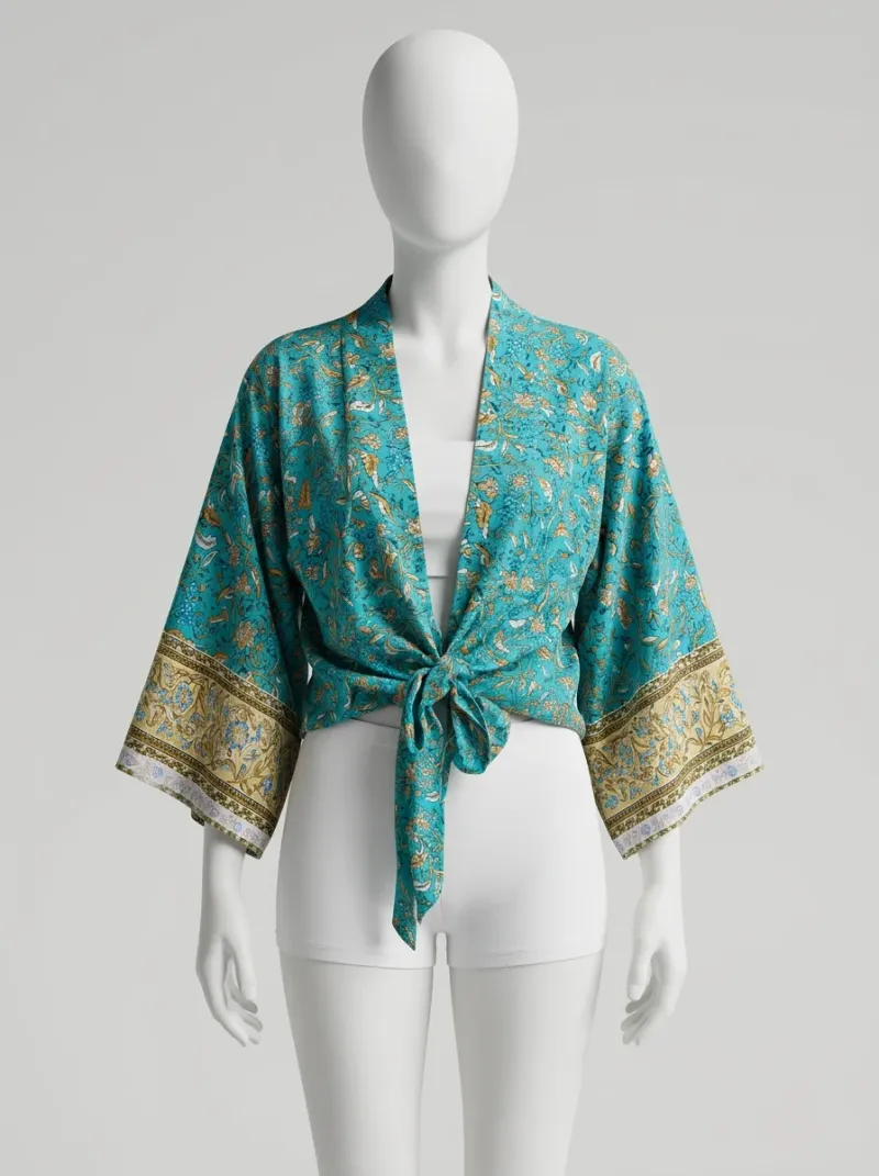 Kimono court coton manches chauve-souris bohème