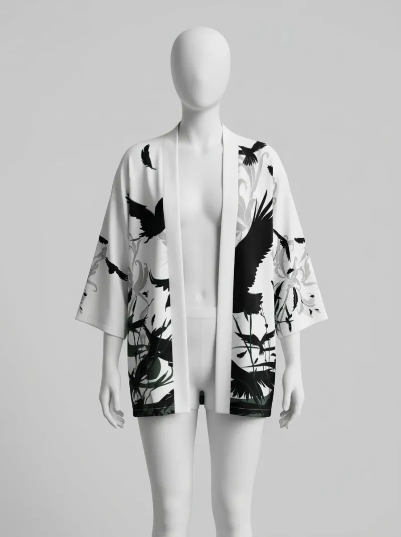 Kimono court polyester vaporeux motif corbeau femme urbain