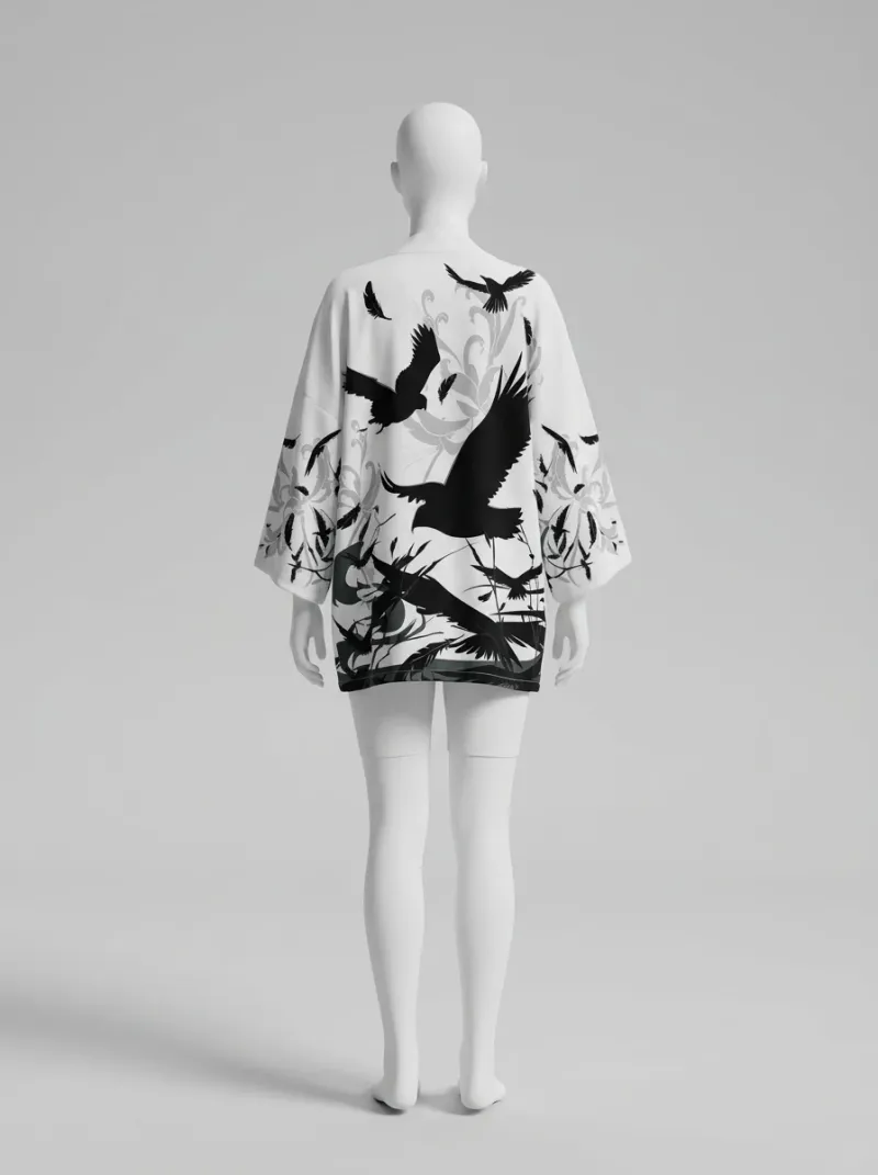 Kimono court polyester vaporeux motif corbeau femme urbain