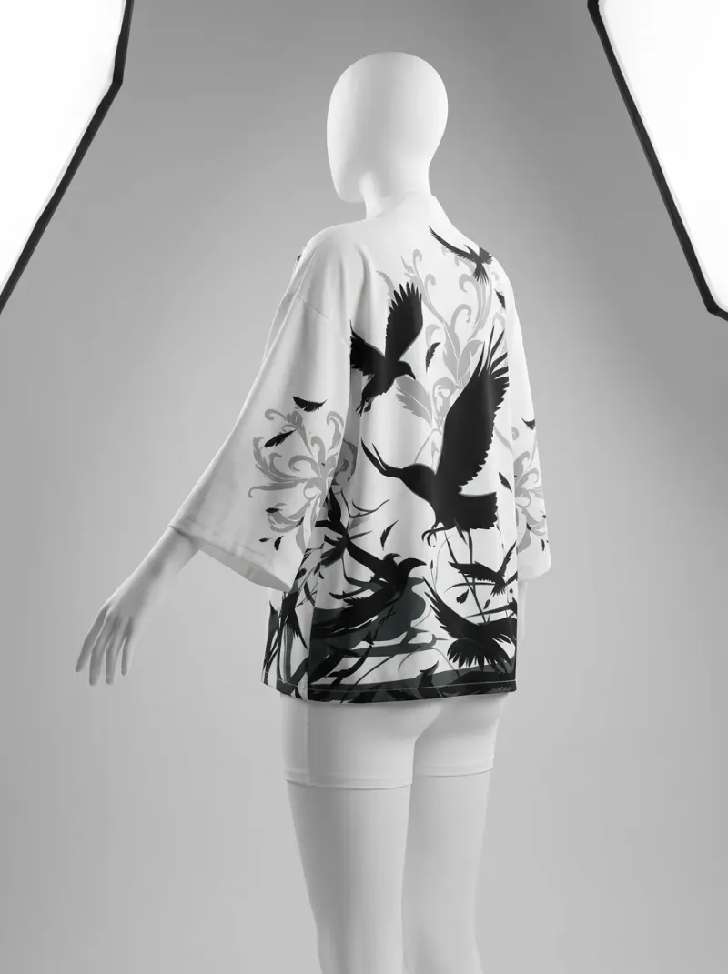 Kimono court polyester vaporeux motif corbeau femme urbain