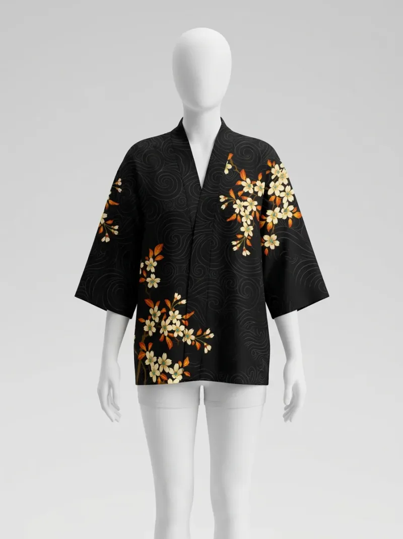 Kimono court polyester végétal ample fleuri femme