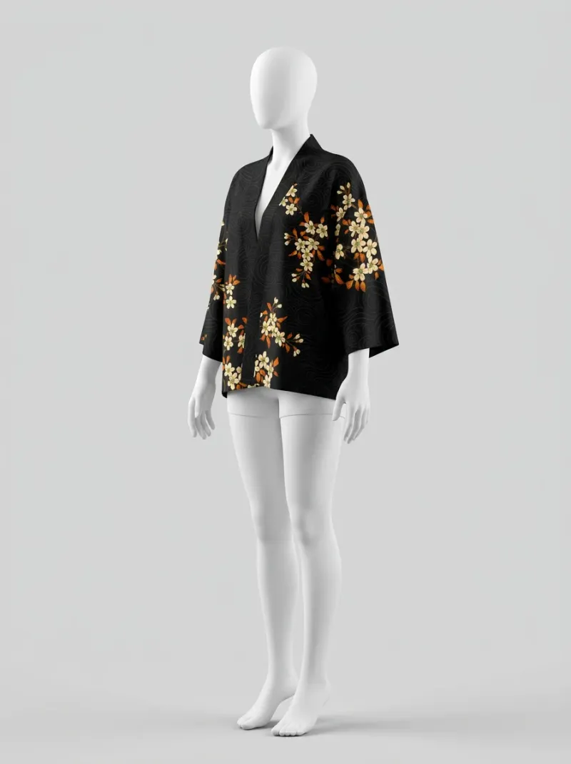 Kimono court polyester végétal ample fleuri femme