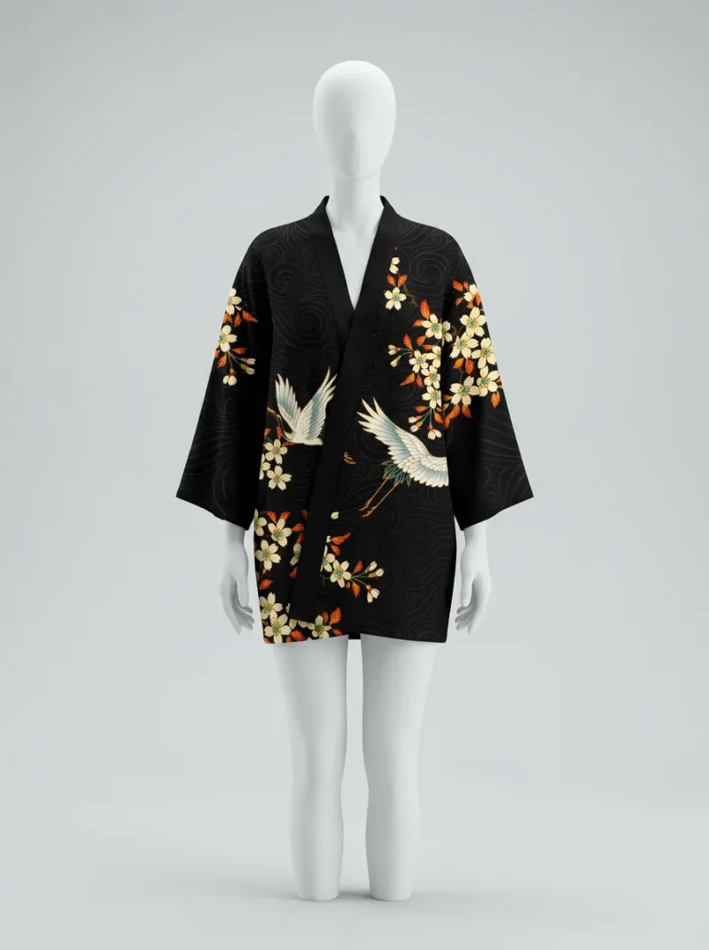 Kimono court polyester végétal ample fleuri femme