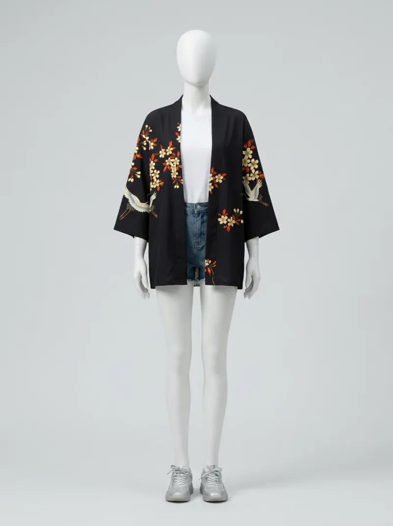 Kimono court polyester végétal ample fleuri femme